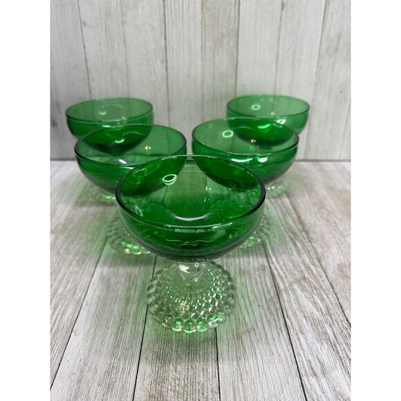 Vtg Anchor Hocking Forest Green Sherbet Clear Bubble Base Set of 5 Champagne - Picture 1 of 12